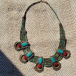 Statement necklace, semi previous stones, beadwork, vintage